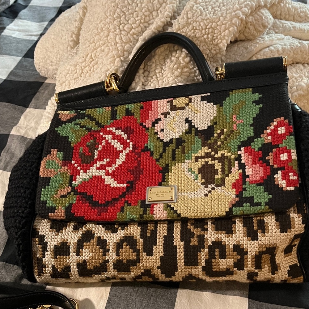 Dolce & Gabbana Tapestry Floral and Leopard Satchel - Black, Red, Green